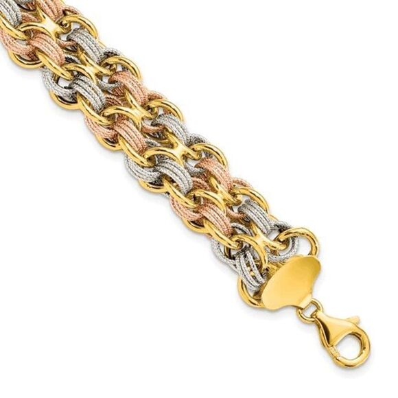 Leslie's 14K Tri-color Polished and Textured Fancy Link Bracelet - Picture 4 of 4